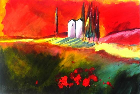 2 Häuser, Zypressen und Mohn